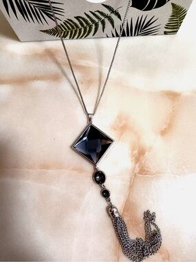 Black Crystal Square Pendant Long Necklace Sweater Chainx